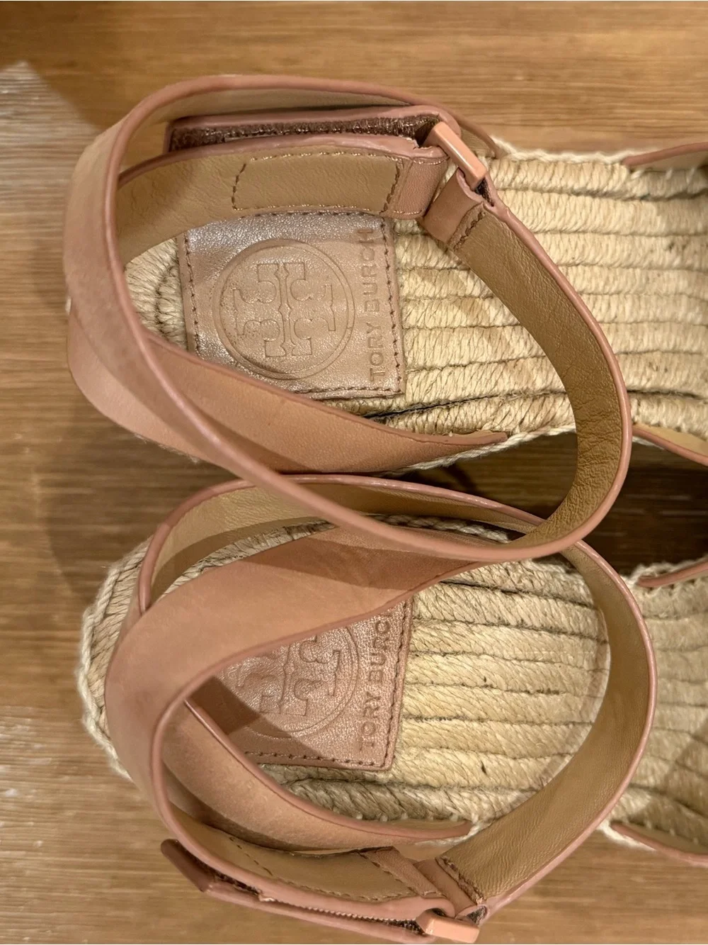 Tory Burch Blush Leather Espadrille Wedge Sandals